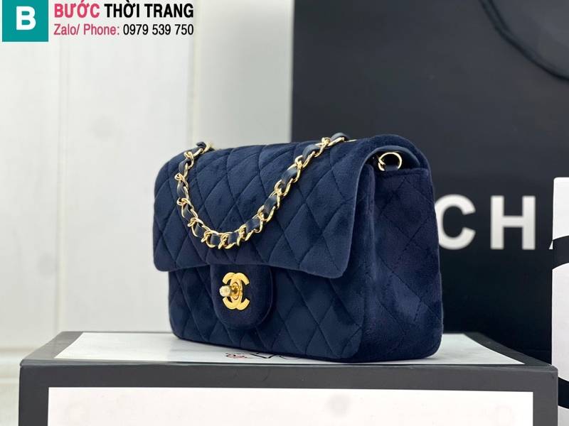 Túi xách Chanel Classic Flap Bag siêu cấp nhung màu xanh size 25cm