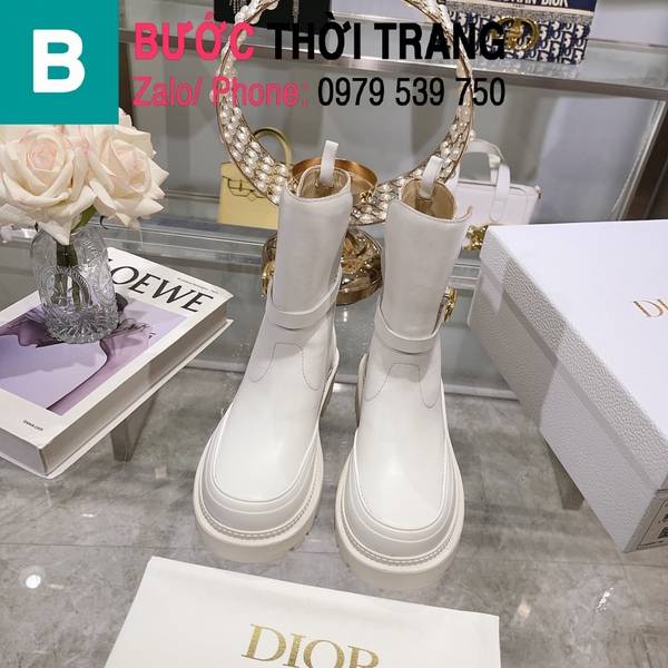 Boot da Dior Empreinte cổ thấp cài khuy gắn logo màu trắng