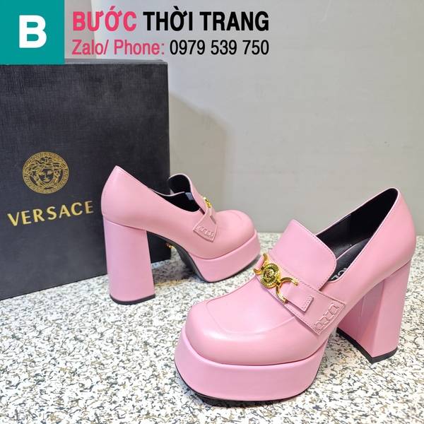 Giày cao gót Versace gắn logo màu hồng chân vuông 11cm
