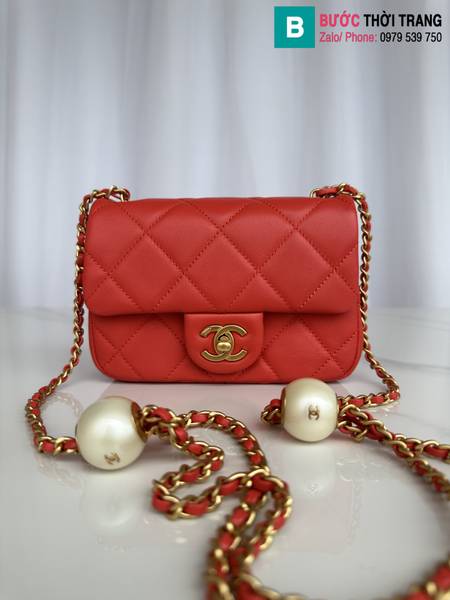 Túi nắp gập Chanel mini siêu cấp da cừu màu đỏ size 18cm 