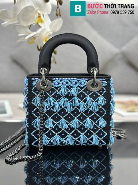 Túi xách Dior Lady D-Joy siêu cấp canvas màu xanh size 17cm 
