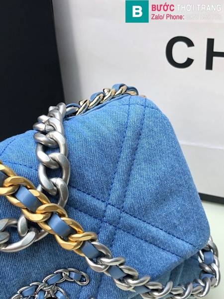 Túi xách Chanel 19 Flap Bag siêu cấp chất liệu canvas màu xanh nước size 26cm