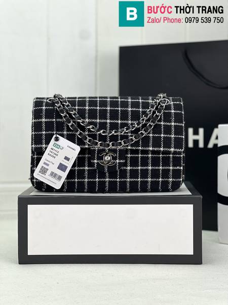 Túi xách Chanel Cf Classic Flap bag siêu cấp canvas màu sọc đen size 25cm
