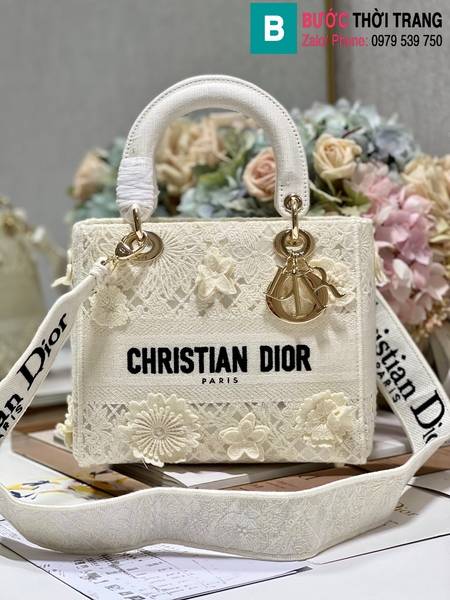 Túi xách Dior Lady cao cấp canvas màu trắng size 24cm