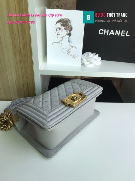 Túi Xách Chanel Boy Siêu Cấp ô trám màu xám trắng 20cm - A67085
