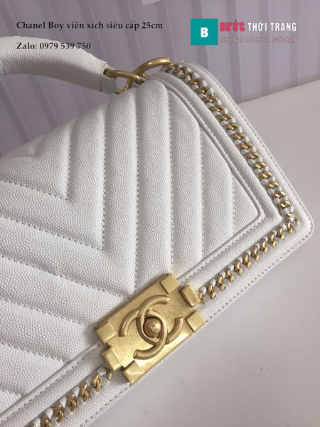 Túi Xách Chanel Boy Viền Xích Siêu Cấp vân V màu trắng 25cm - A67086
