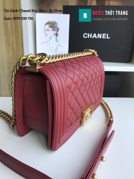 Túi Xách Chanel Boy Siêu Cấp ô trám màu đỏ đô 25cm - A67086