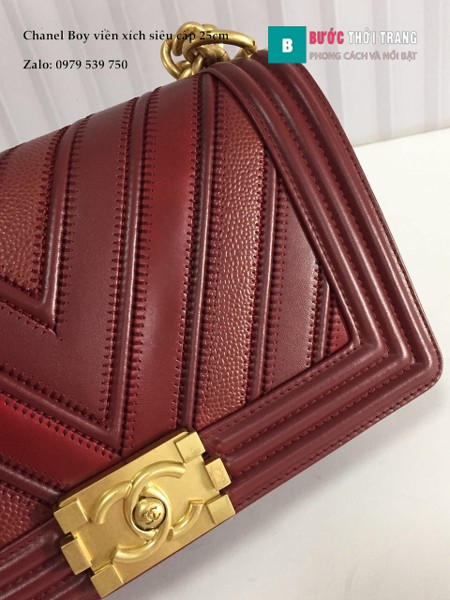 Túi Xách Chanel Boy Siêu Cấp Vân V màu đỏ xẫm 25cm - A67086 