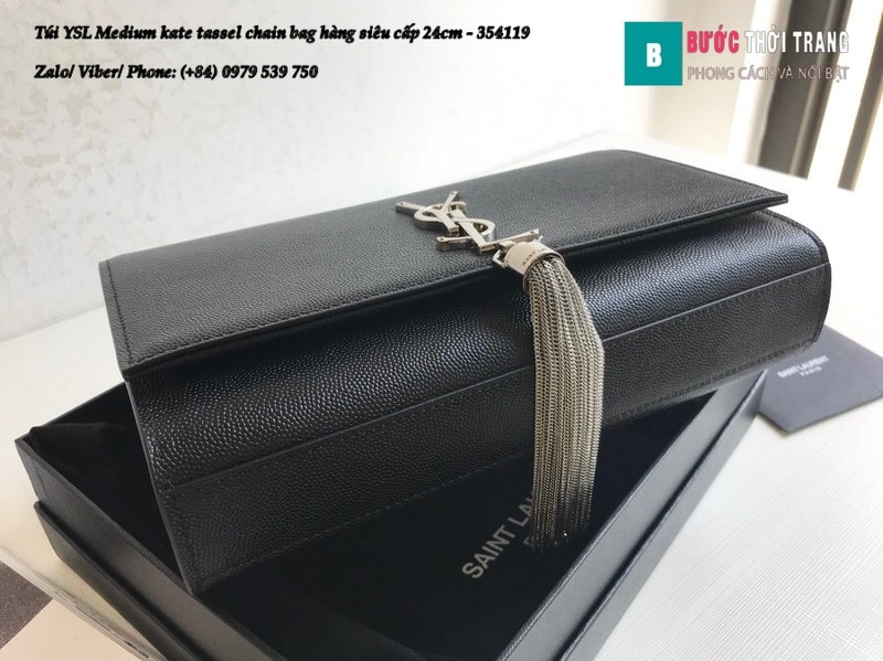 Túi YSL Medium kate tassel chain màu đen tag bạc size 24cm - 354119