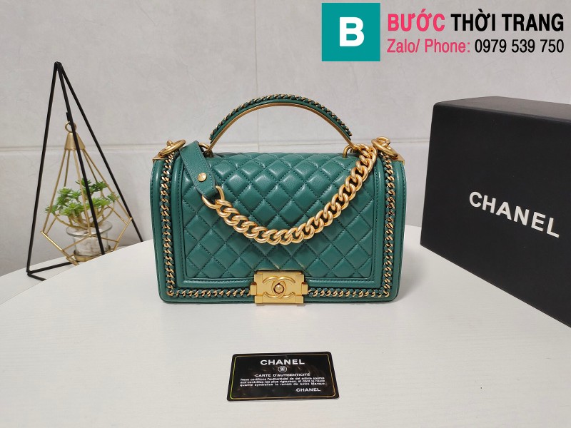 Túi xách Chanel Leboy viền xích siêu cấp da bê màu xanh size 25cm - AS67086