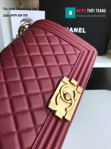 Túi Xách Chanel Boy Siêu Cấp ô trám màu đỏ đô 25cm - A67086