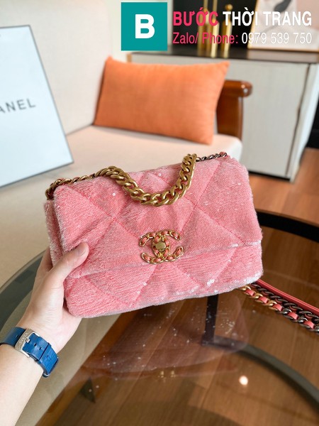 Túi xách Chanel 19 flap bag siêu cấp vải tweed màu hồng size 26cm - 1160 