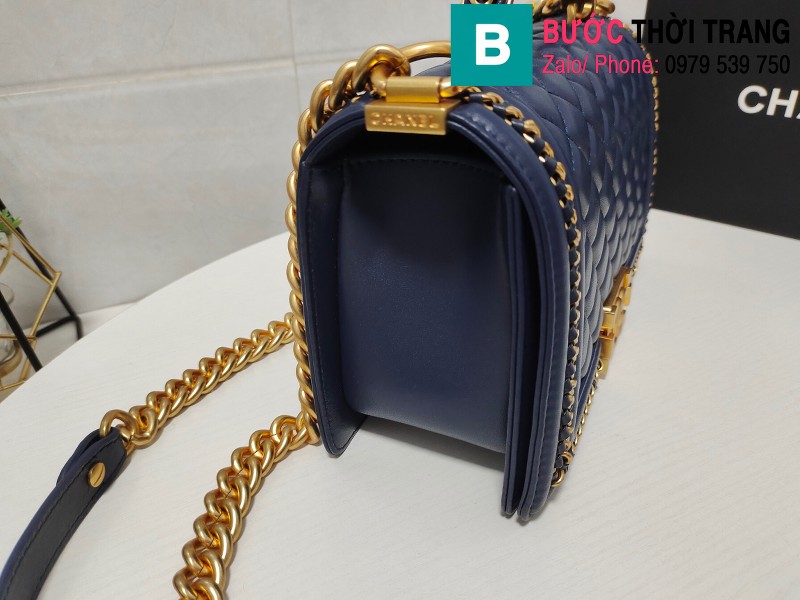 Túi xách Chanel Leboy viền xích siêu cấp da bê màu xanh tím than size 25cm - AS67086