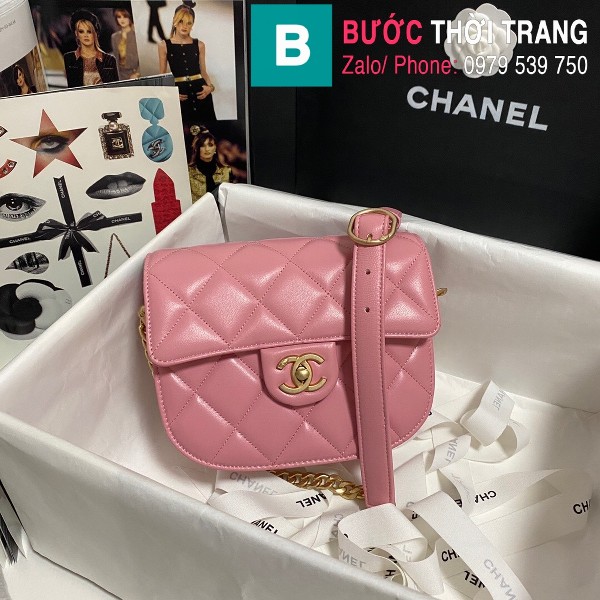 Túi xách Chanel Mini Messenger bag siêu cấp da bê màu hồng size 15cm - AS2484