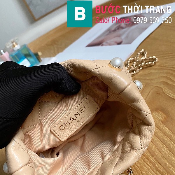 Túi xách Chanel mini Drawstring bag siêu cấp da cừu màu nude size 11cm - AS2518