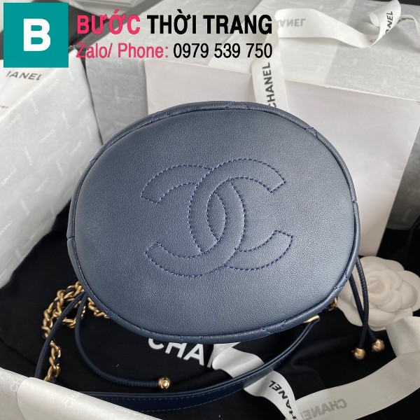 Túi dây rút Chanel siêu cấp da cừu bóng màu xanh tím than size 19cm - AS2390