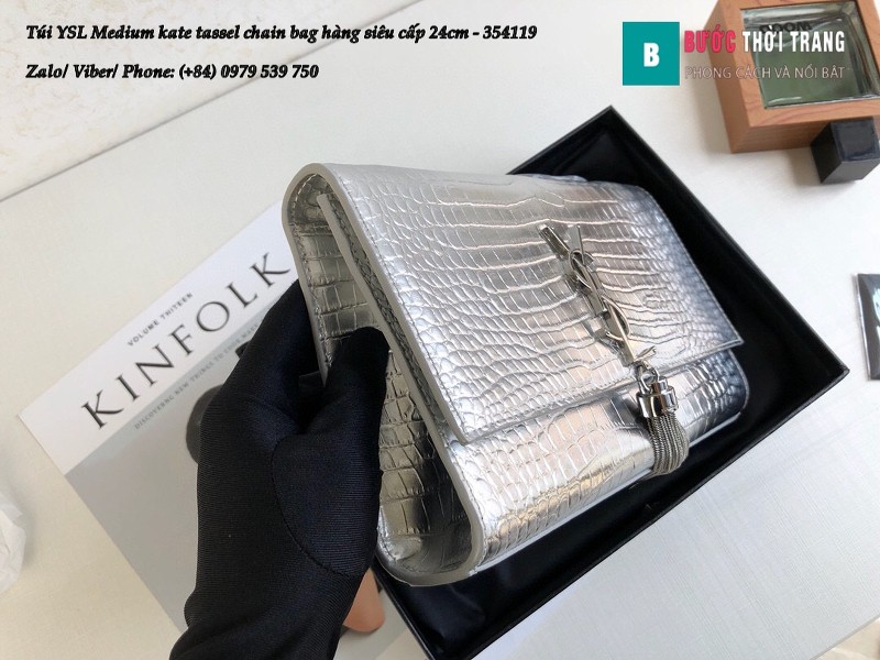 Túi YSL Medium kate tassel chain màu bạc bóng dập vân cá sấu 24cm - 354119