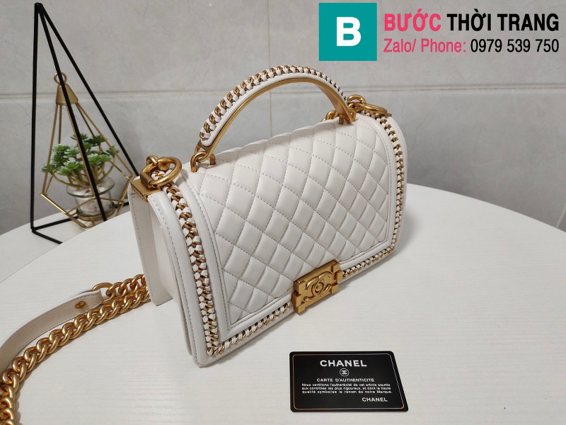 Túi xách Chanel Leboy viền xích siêu cấp da bê màu trắng size 25cm - AS67086