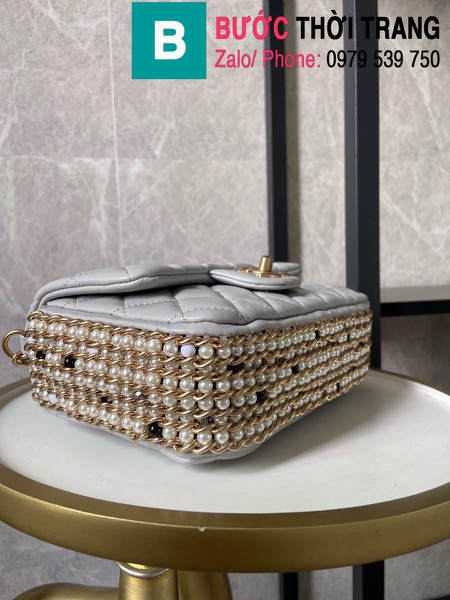 Túi xách Chanel Side Pearl Classic siêu cấp da cừu màu xám size 23cm - AS1740