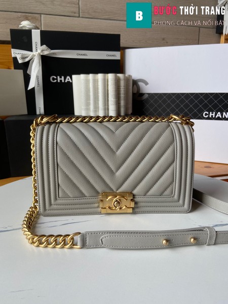Túi xách Chanel boy siêu cấp vân v màu ghi size 25 cm - A67086