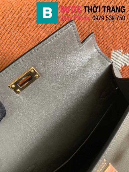  Túi xách Hermes Kelly mini siêu cấp da epsom màu ghi xám size 19.5cm 