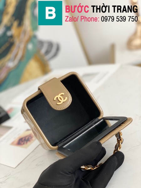 Túi đựng mĩ phẩm Chanel mini hình hộp siêu cấp da bê màu galet size 11cm- 02863