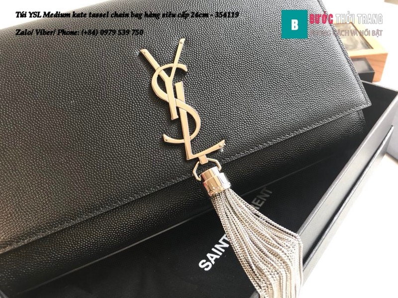 Túi YSL Medium kate tassel chain màu đen tag bạc size 24cm - 354119
