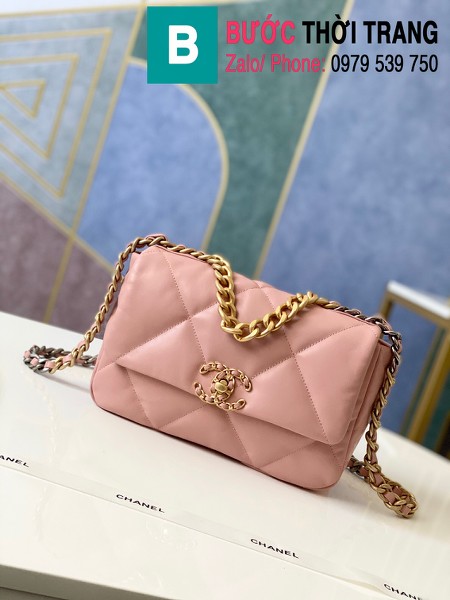 Túi xách Chanel 19 flap bag siêu cấp da bê màu hồng nhạt size 26 cm - 1160 
