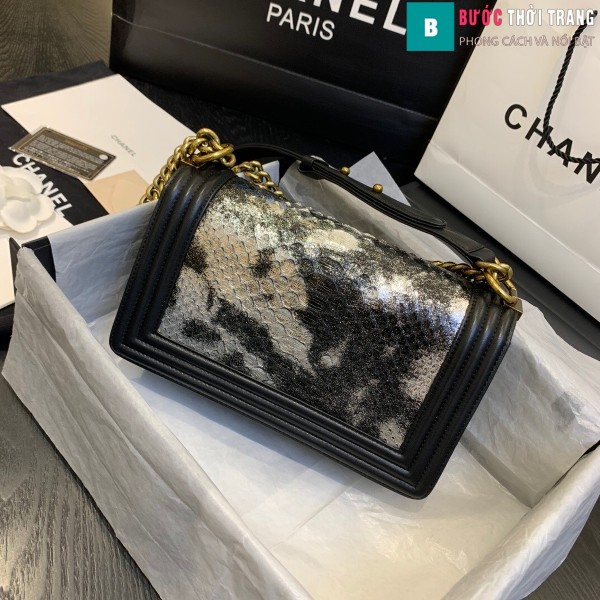 Túi xách Chanel boy siêu cấp da trăn màu đen trắng size 25 cm - A67086