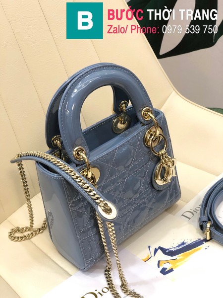 Túi xách Dior Lady bag siêu cấp da bê bóng màu xanh size 17cm 