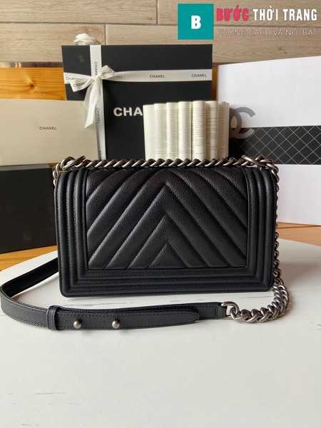 Túi xách Chanel boy siêu cấp màu đen vân v size 25 cm - A67086