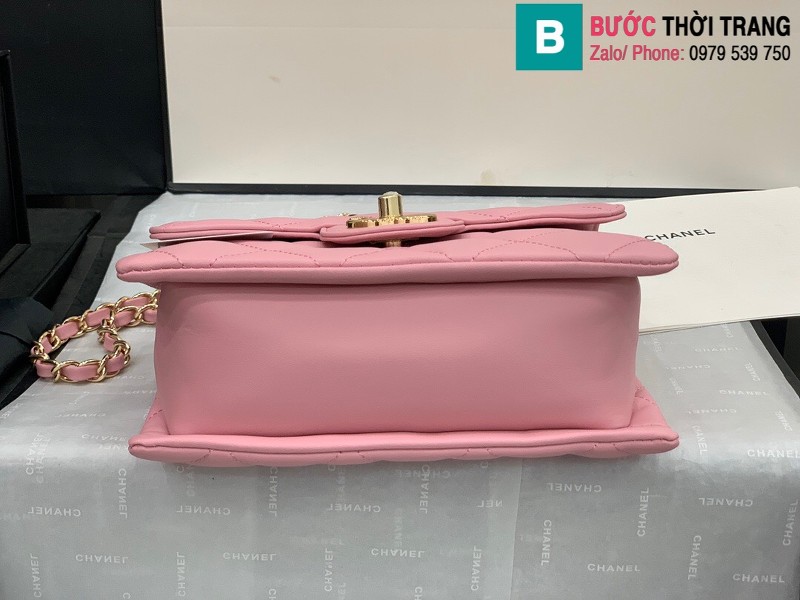 Túi xách Chanel Calfskin mini Sqaure flap bag siêu cấp da cừu màu hồng size 19.5cm - AS2468 