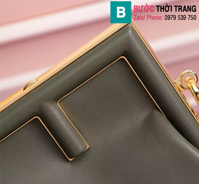 Túi xách Fendi Kan I Logo leather handbag siêu cấp da bê màu rêu size 32.5cm