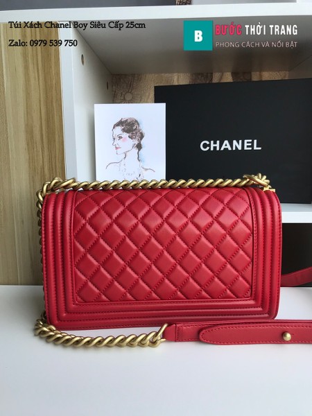 Túi Xách Chanel Boy Siêu Cấp ô trám màu đỏ đậm 25cm - A67086