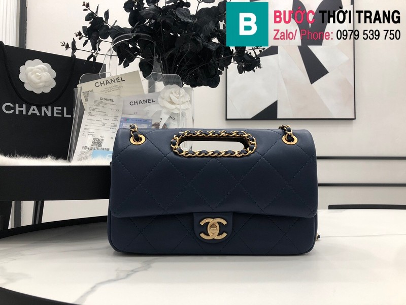 Túi xách Chanel Small Plap bag siêu cấp da cừu màu xanh đen size 26cm - AS1466