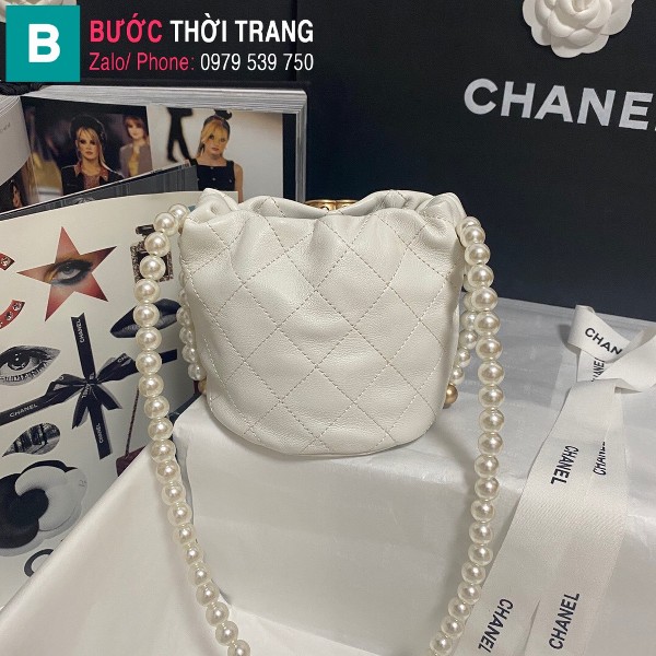 Túi xách Chanel Mini Drawsting Bag siêu cấp da bê màu trắng size 12cm - AS2529