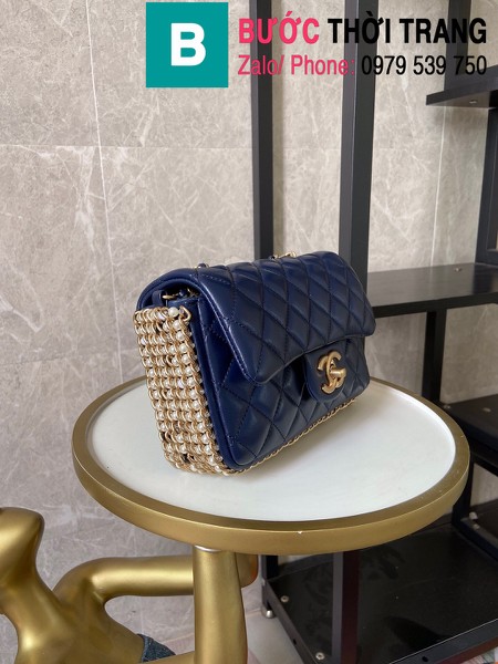 Túi xách Chanel Side Pearl Classic siêu cấp da cừu màu xanh tím than size 23cm - AS1740