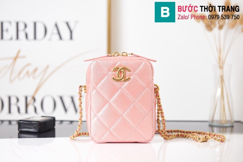 Túi xách Chanel Mini Camara Case siêu cấp da bê màu hồng size 12cm - AS2857