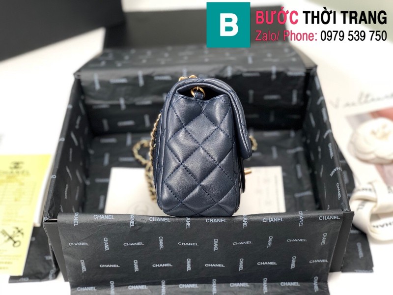 Túi xách Chanel Bag siêu cấp nắp gập mini da cừu màu xanh đen size 17 cm - 1786