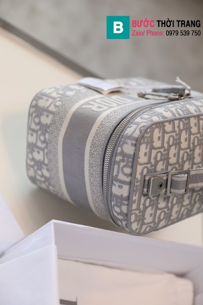 Túi xách DiorTravel Vanity Case siêu cấp vải casvan màu xám size 24cm - M9039
