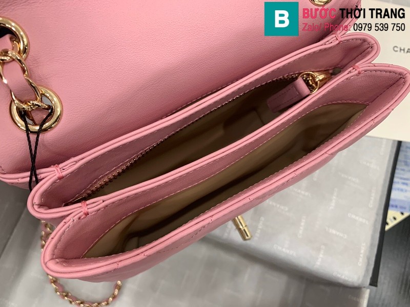 Túi xách Chanel Calfskin mini Sqaure flap bag siêu cấp da cừu màu hồng size 19.5cm - AS2468 