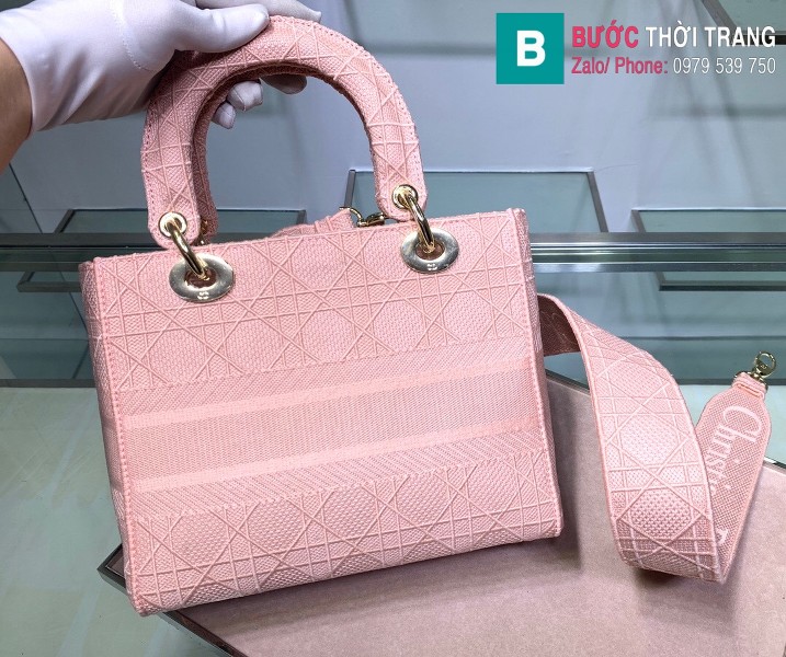 Túi xách Dior Lady vải siêu cấp màu hồng size 24cm