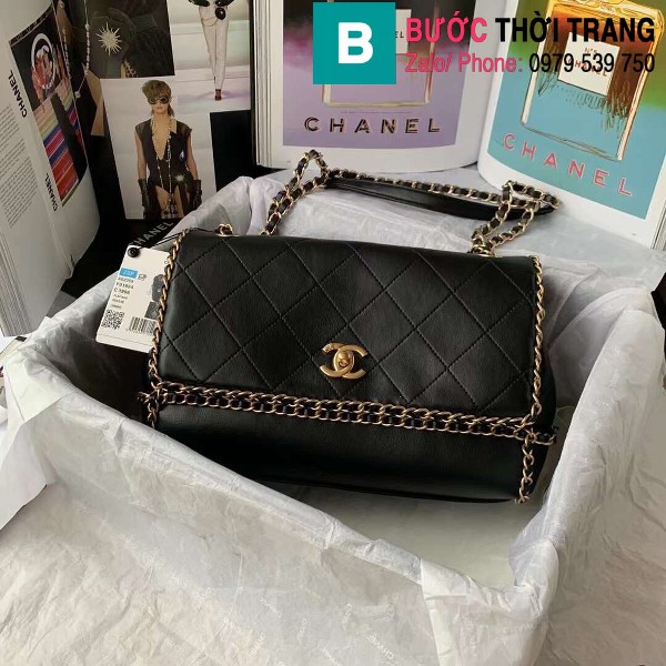 Túi đeo chéo Chanel siêu cấp da bê viền xích màu đen size 28cm - AS2396