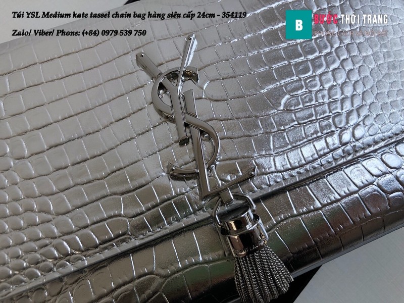 Túi YSL Medium kate tassel chain màu bạc bóng dập vân cá sấu 24cm - 354119