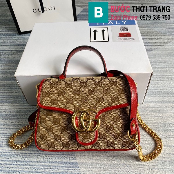  Túi xách Gucci Marmont mini top handle bag siêu cấp màu be viền đỏ size 21 cm - 583571