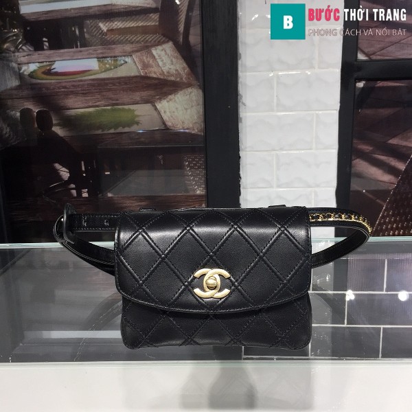 Túi xách đeo bụng Chanel  siêu cấp màu đen da bê size 17cm