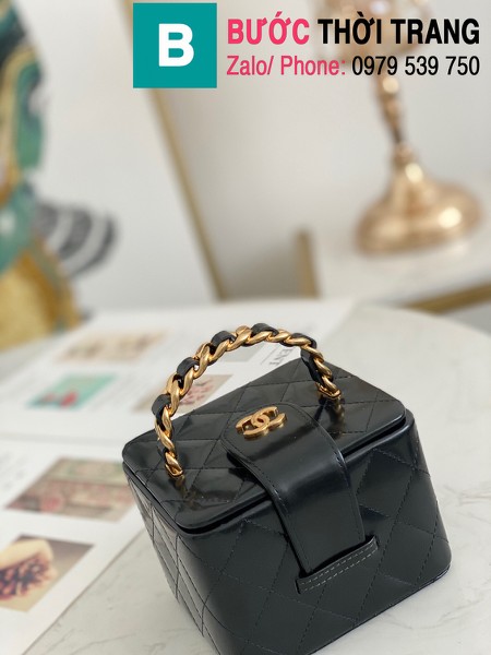 Túi đựng mĩ phẩm Chanel mini hình hộp siêu cấp da bê màu đen size 11cm- 02863