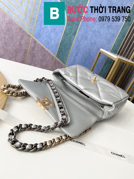 Túi xách Chanel 19 flap bag siêu cấp da bê màu bạc size 26 cm - 1160 