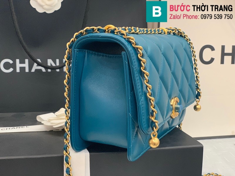Túi xách Chanel Lambskin Classic Flap Bag siêu cấp da cừu màu xanh size 23cm - AS9916