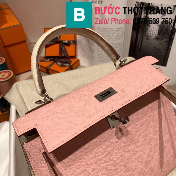 Túi xách Hermes Kelly bag siêu cấp da epsom màu hồng quai trắng size 25cm 
